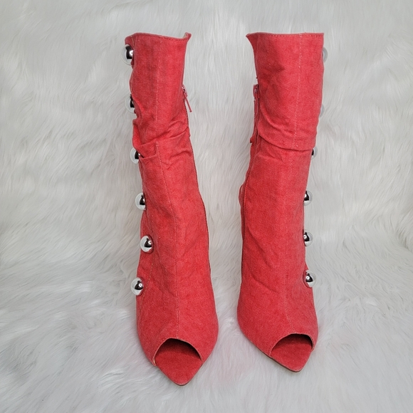 Red boots stiletto heel open toe silver studs. - Picture 2 of 12